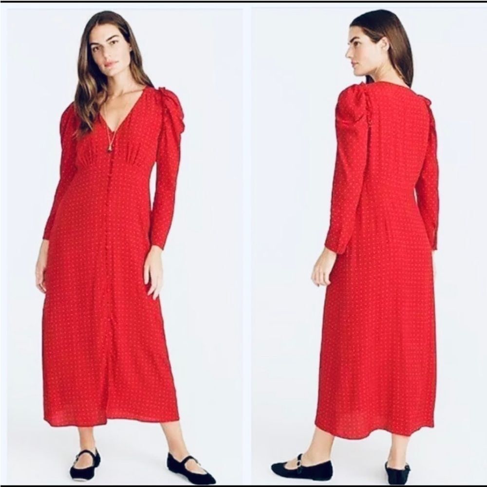NWT J. Crew | Drapey Puff Sleeve Ruffled Red White Polka Dot Dress 14‎